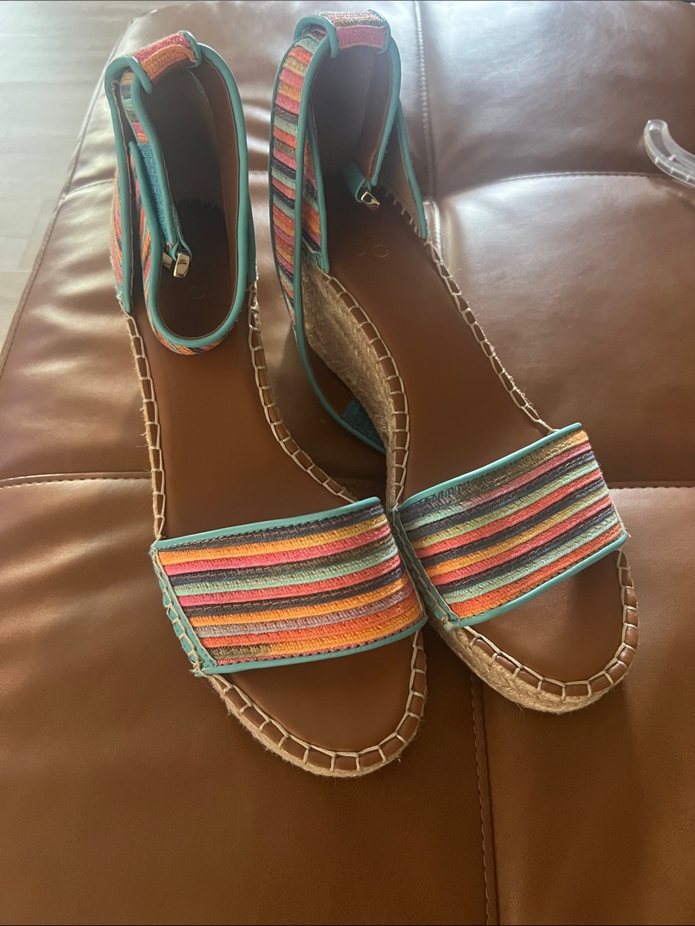 Franco Sarto Multicolor Striped Espadrille Wedge Sandals with Turquoise Trim